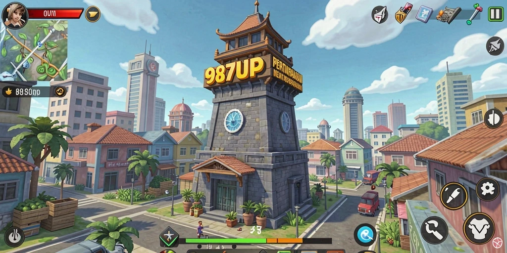 Tampilan gameplay menara pertahanan yang seru di 987UP