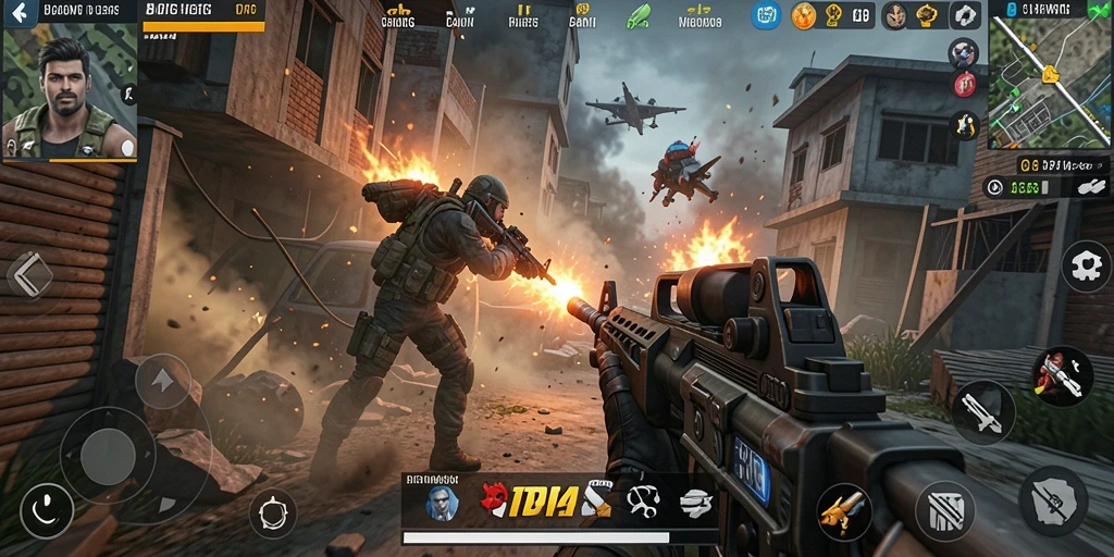 Screenshot utama menunjukkan aksi intens dalam gameplay TPS.