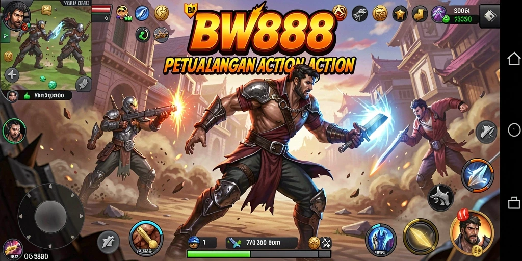 Tangkapan layar utama BW888 menampilkan aksi pertarungan dinamis dan karakter yang berani.