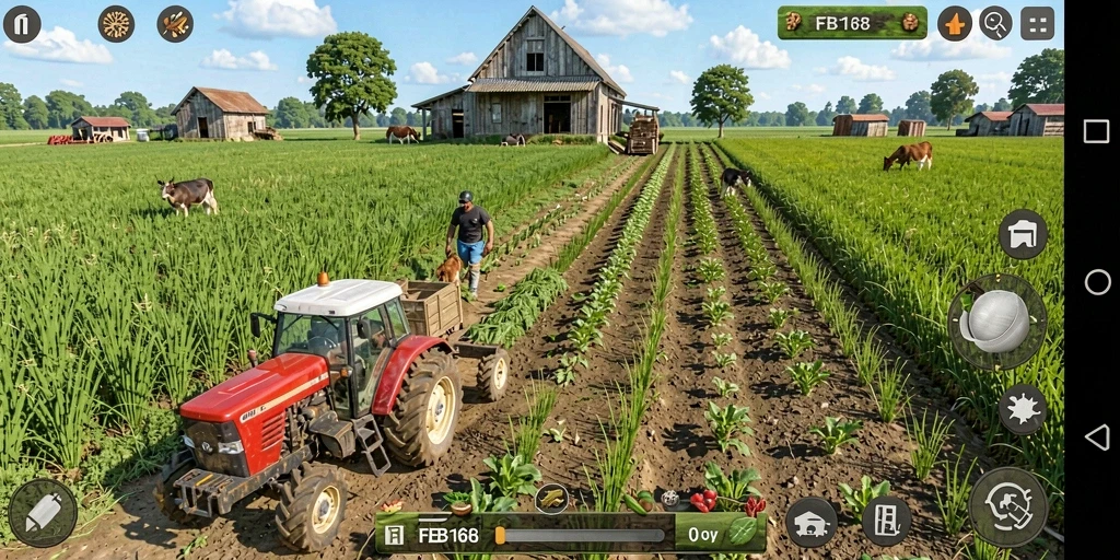 Tampilan gameplay FB168 dengan kebun yang subur dan hewan ternak.