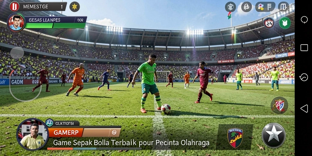 Tangkapan layar gameplay GAMERP menampilkan aksi seru di lapangan sepak bola.