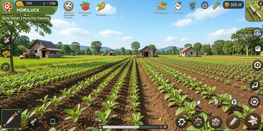 Tampilan gameplay HOKILUCK yang menarik dengan ladang subur dan aktivitas bertani.