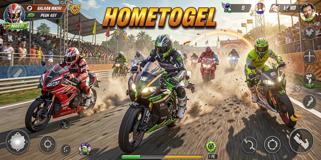 Tampilan gameplay HOMETOGEL yang menawan dalam ajang Motor Racing.