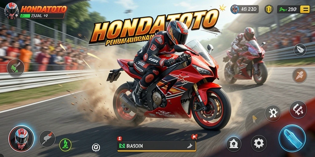 Tampilan gameplay HONDATOTO dengan trek balapan yang menarik dan motor yang kencang.