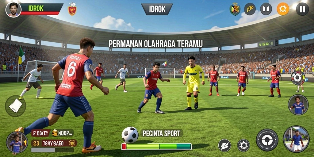 Screenshot gameplay IDROK menunjukkan pemain melakukan tendangan bebas dalam pertandingan sepak bola.