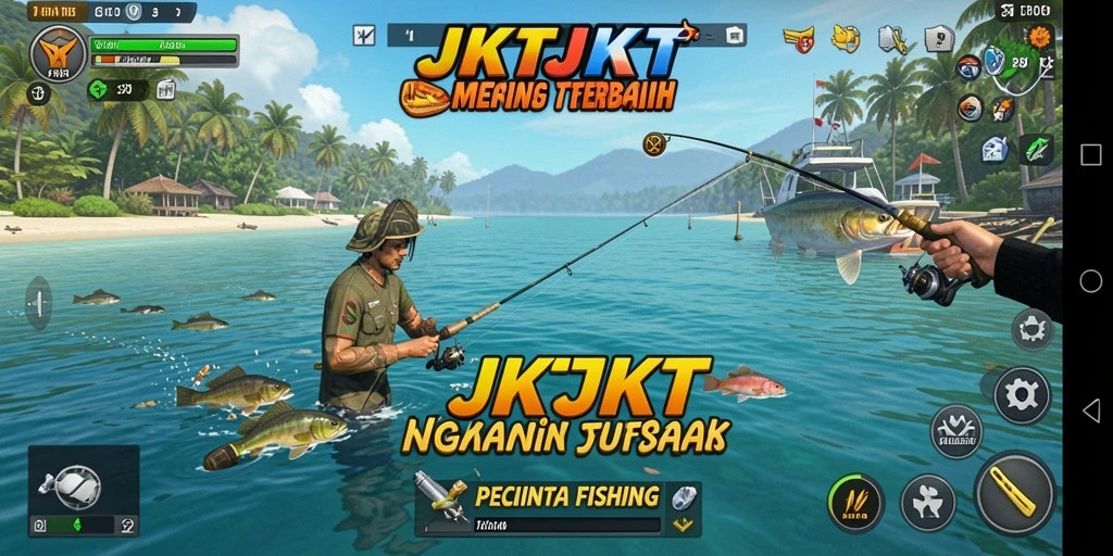 Screenshot utama JKTJKT menampilkan aksi memancing yang seru di danau indah.