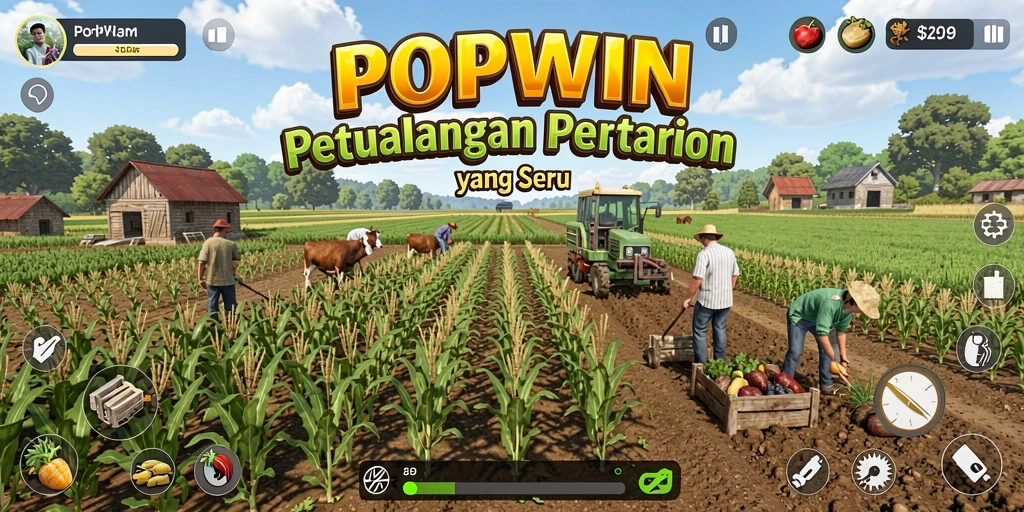 Gameplay POPWIN dengan ladang yang subur dan kegiatan pertanian.