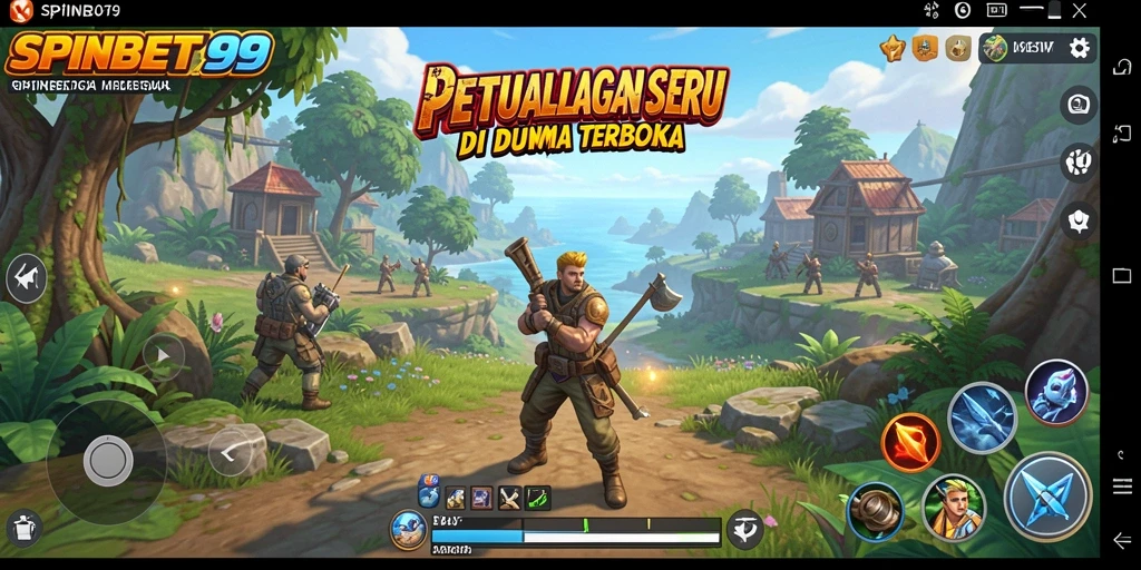 Screenshot gameplay SPINBET99 menampilkan eksplorasi dunia terbuka yang luas dan petualangan seru.
