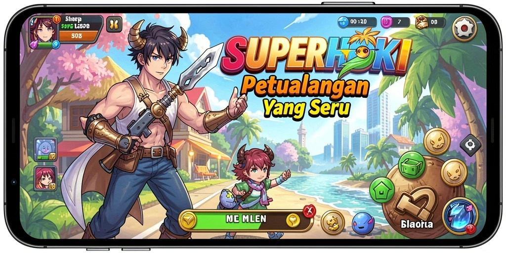 Screenshot gameplay SUPERHOKI menampilkan aksi mendebarkan dalam petualangan anime.
