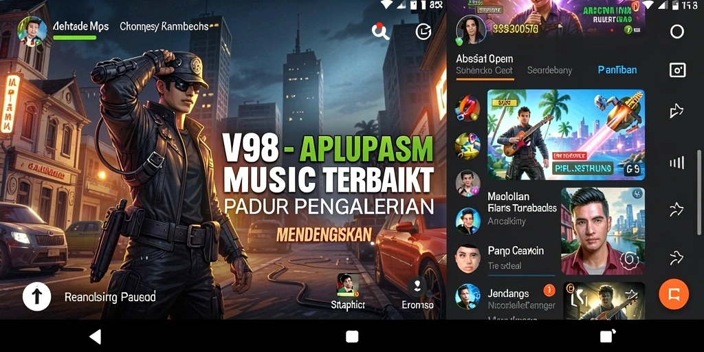 Screenshot V98 menampilkan antarmuka aplikasi musik yang menarik dan interaktif.